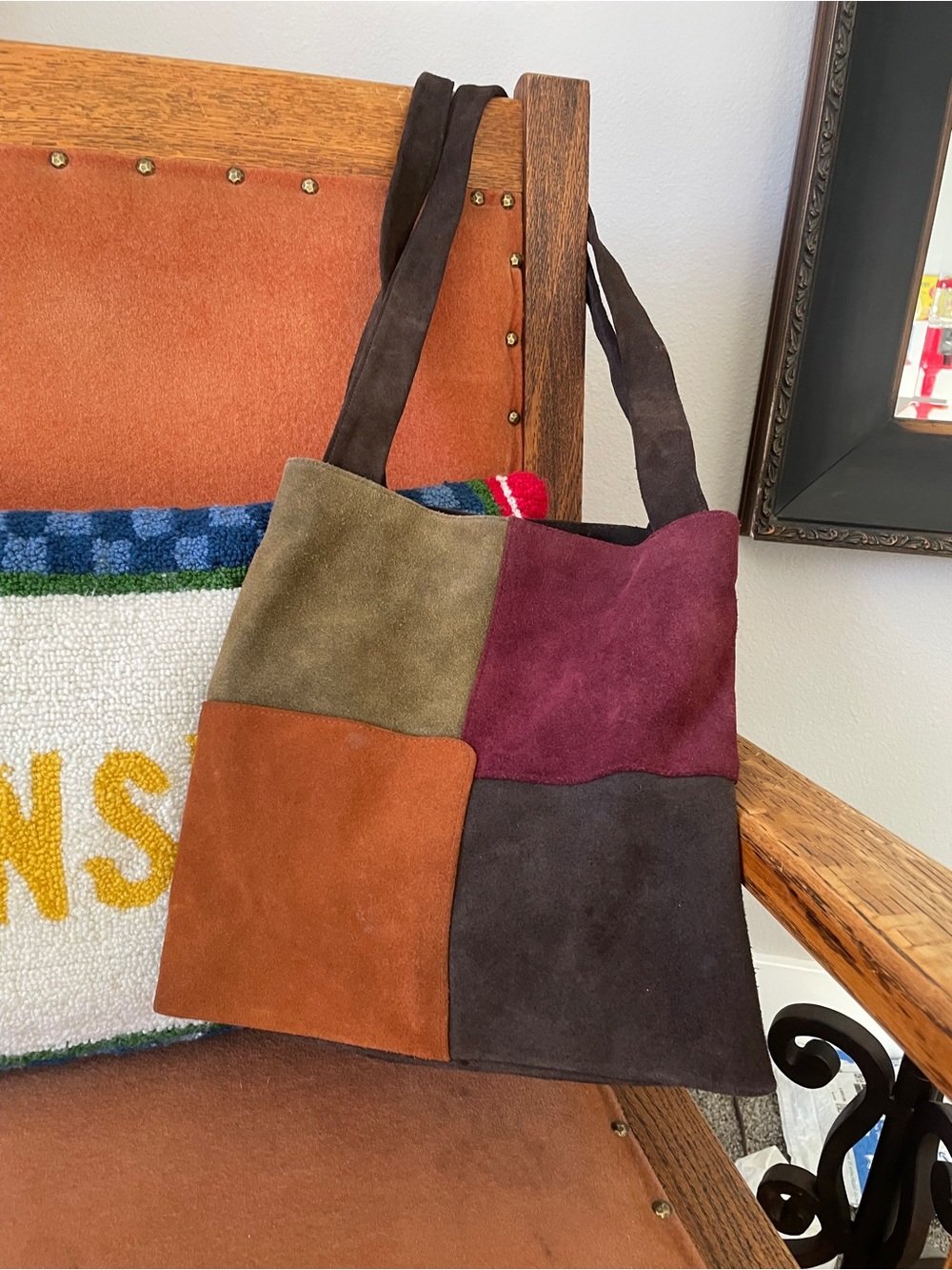 Patchwork Suede Tote Bag in Olive, Burgundy, Cognac & Chocolate